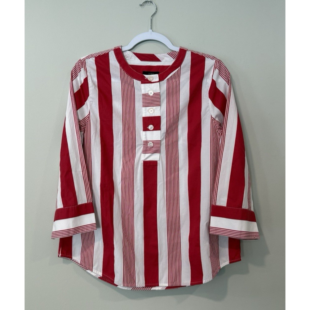 NWT J.Crew Button-Front Poplin Tunic in a red and white stripe pattern XS 2249 - Picture 2 of 9
